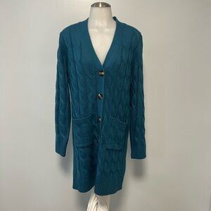 Teal Cable Knit Cardigan Sweater